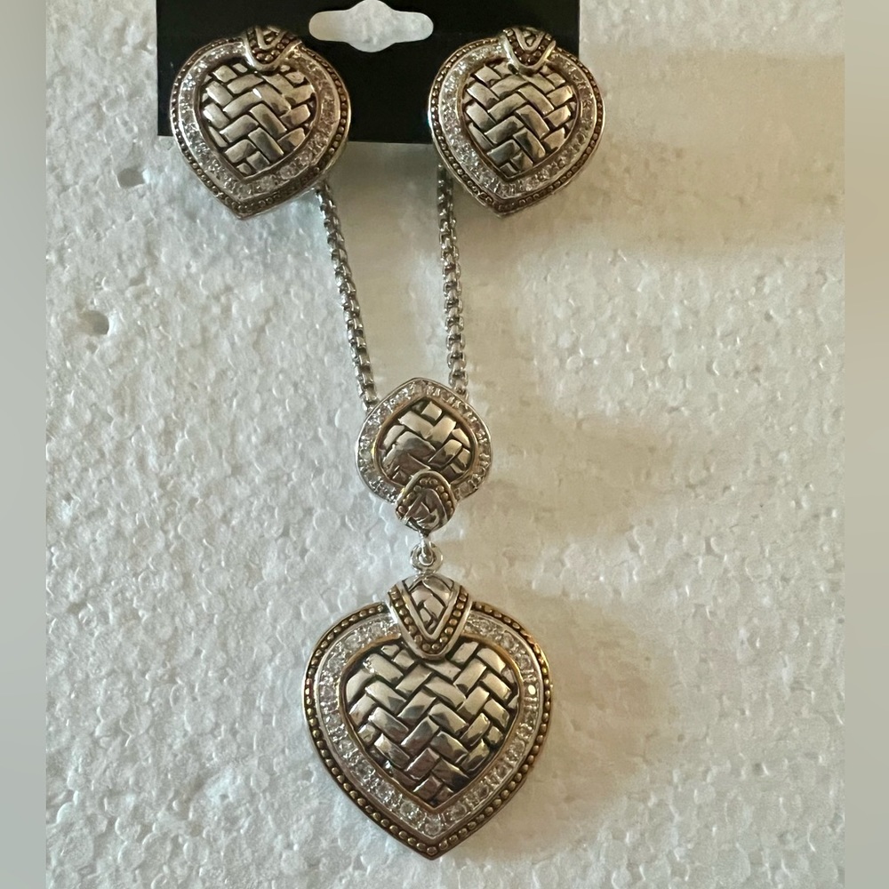 Two tone Heart Necklace Earrings Cable Filigree